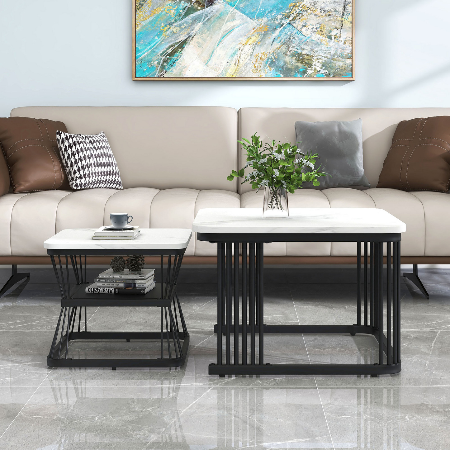 Nest Of 2 Tables Square Coffee Table Coffee Table Set Nesting Sofa Table Multi-functional End Side Table Nesting Tables With Black Metal Frame Legs And Marble Pattern White Top For Living Room Home