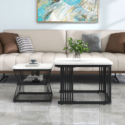 Nest Of 2 Tables Square Coffee Table Coffee Table Set Nesting Sofa Table Multi-functional End Side Table Nesting Tables With Black Metal Frame Legs And Marble Pattern White Top For Living Room Home