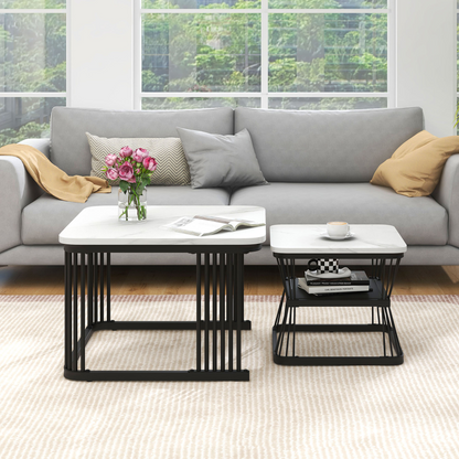 Nest Of 2 Tables Square Coffee Table Coffee Table Set Nesting Sofa Table Multi-functional End Side Table Nesting Tables With Black Metal Frame Legs And Marble Pattern White Top For Living Room Home