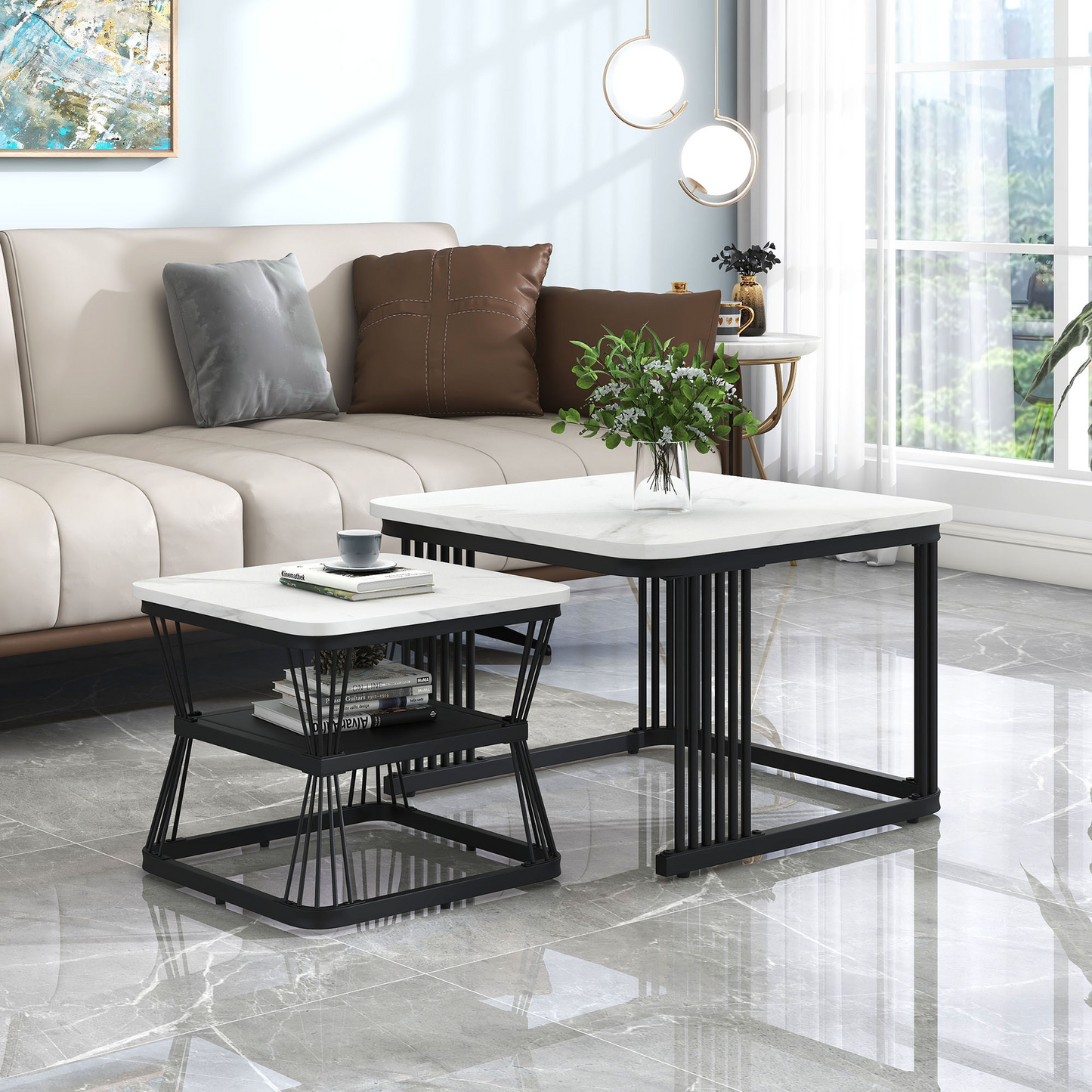 Nest Of 2 Tables Square Coffee Table Coffee Table Set Nesting Sofa Table Multi-functional End Side Table Nesting Tables With Black Metal Frame Legs And Marble Pattern White Top For Living Room Home