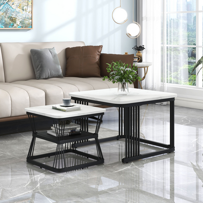 Nest Of 2 Tables Square Coffee Table Coffee Table Set Nesting Sofa Table Multi-functional End Side Table Nesting Tables With Black Metal Frame Legs And Marble Pattern White Top For Living Room Home