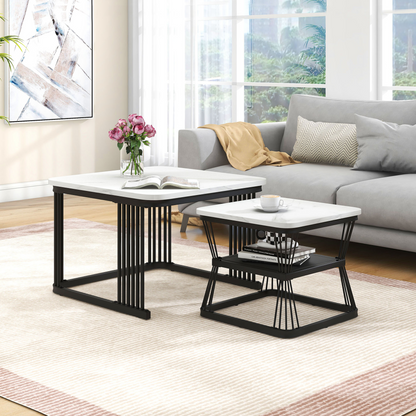 Nest Of 2 Tables Square Coffee Table Coffee Table Set Nesting Sofa Table Multi-functional End Side Table Nesting Tables With Black Metal Frame Legs And Marble Pattern White Top For Living Room Home