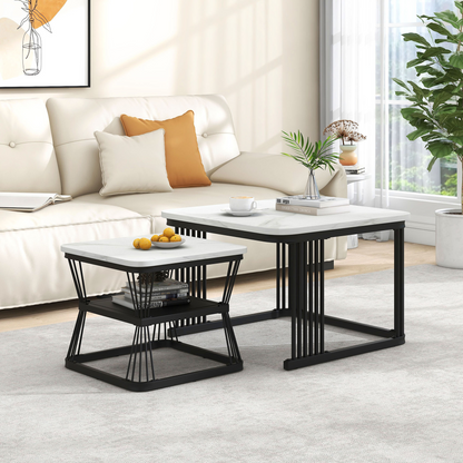 Nest Of 2 Tables Square Coffee Table Coffee Table Set Nesting Sofa Table Multi-functional End Side Table Nesting Tables With Black Metal Frame Legs And Marble Pattern White Top For Living Room Home